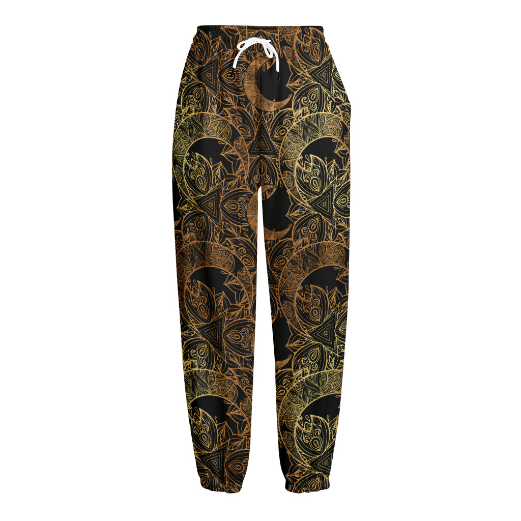 Black And Gold Celestial Pattern Print Fleece Lined Knit Pants