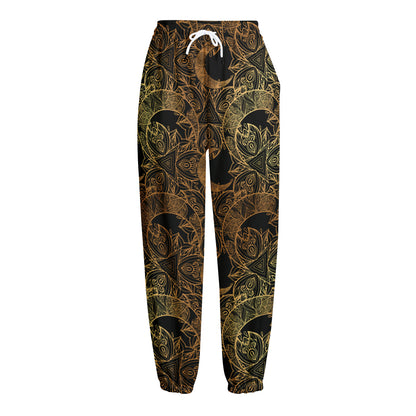 Black And Gold Celestial Pattern Print Fleece Lined Knit Pants