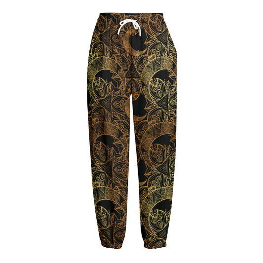 Black And Gold Celestial Pattern Print Fleece Lined Knit Pants