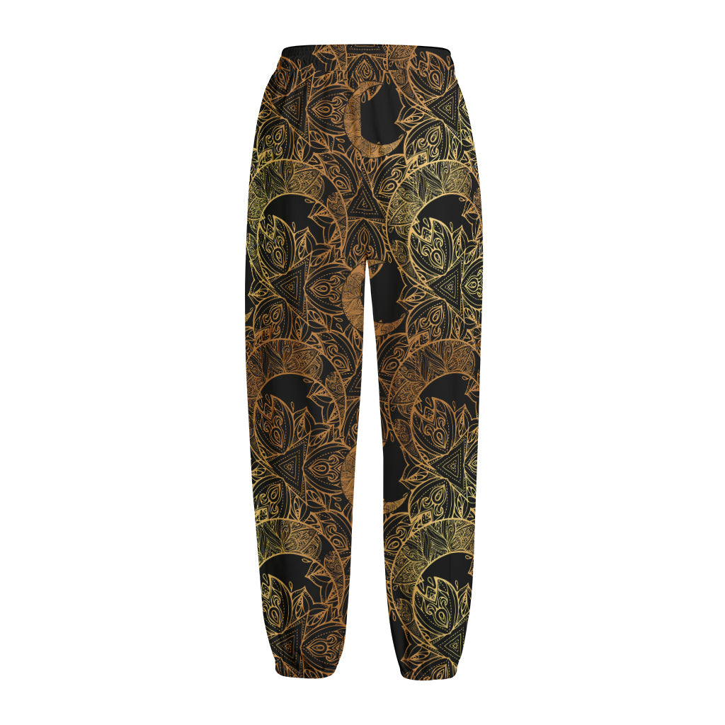 Black And Gold Celestial Pattern Print Fleece Lined Knit Pants