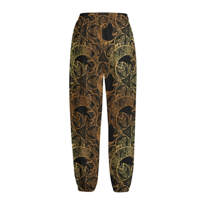 Black And Gold Celestial Pattern Print Fleece Lined Knit Pants