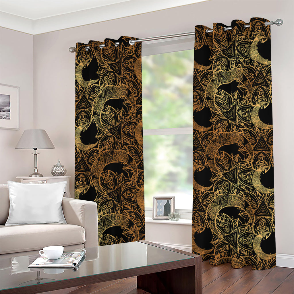 Black And Gold Celestial Pattern Print Grommet Curtains