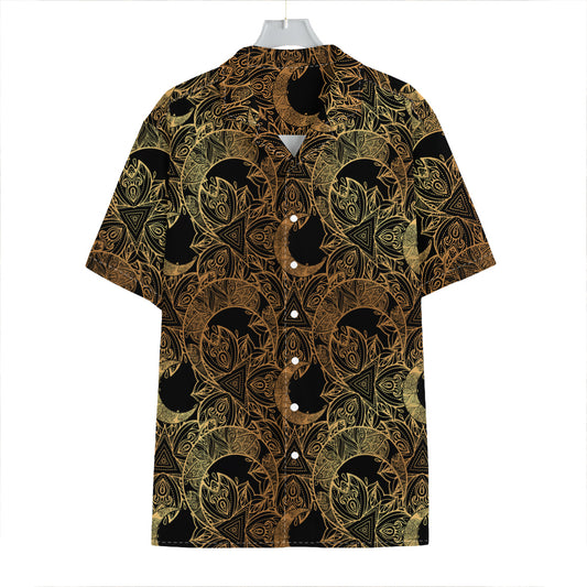 Black And Gold Celestial Pattern Print Hawaiian Shirt