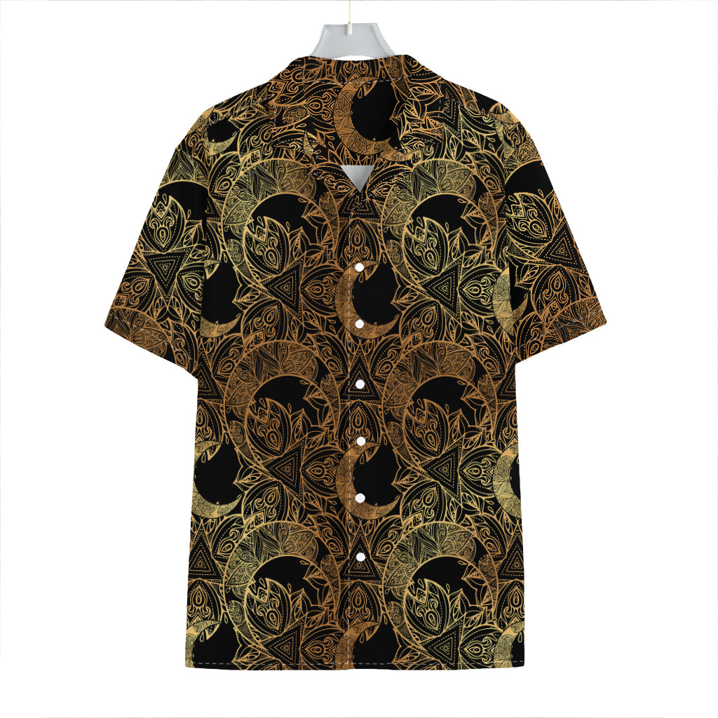 Black And Gold Celestial Pattern Print Hawaiian Shirt