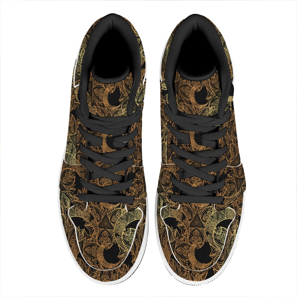 Black And Gold Celestial Pattern Print High Top Leather Sneakers