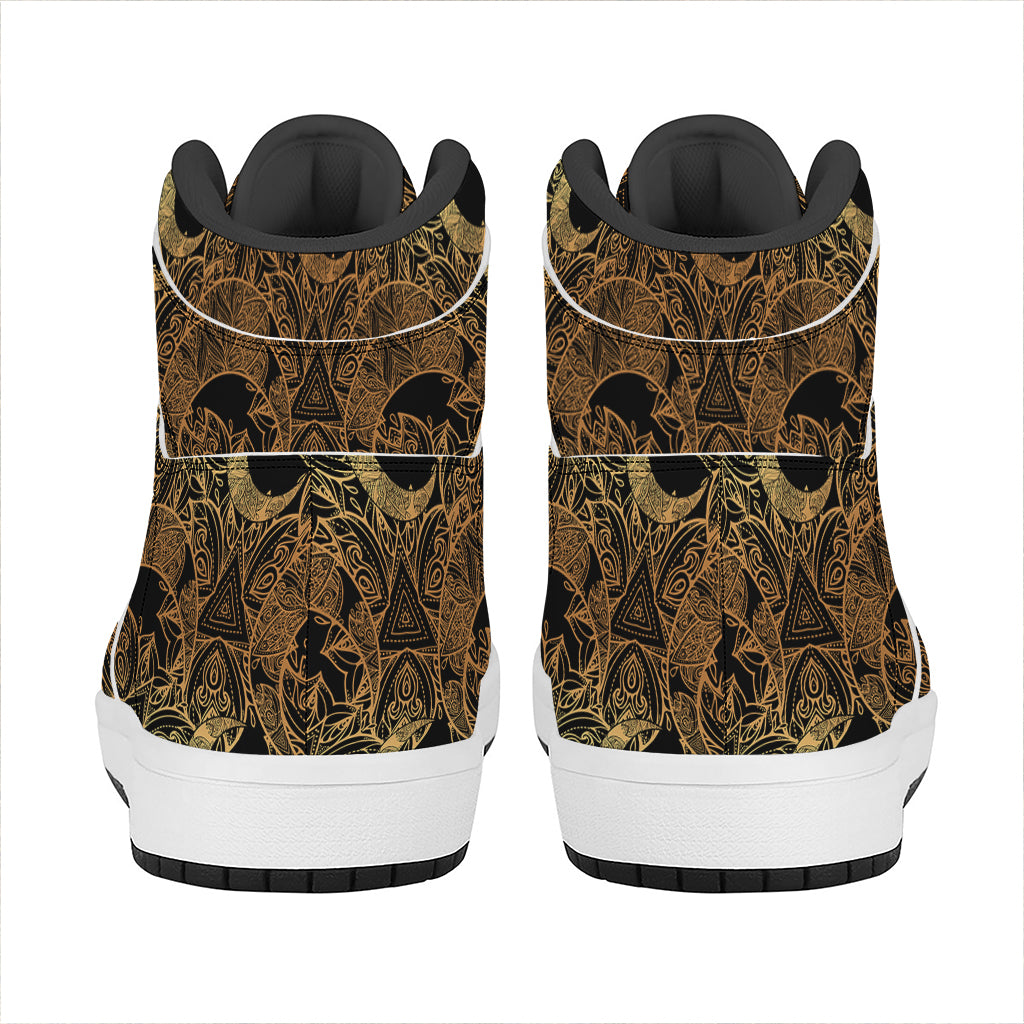 Black And Gold Celestial Pattern Print High Top Leather Sneakers
