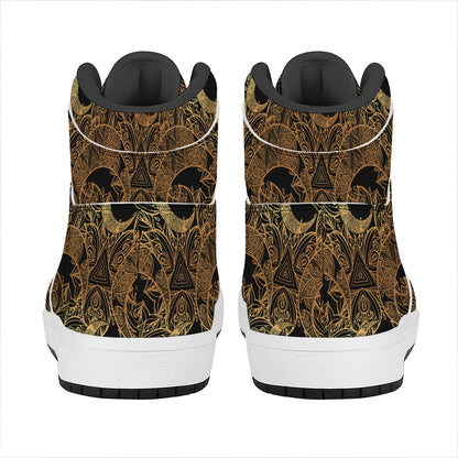 Black And Gold Celestial Pattern Print High Top Leather Sneakers