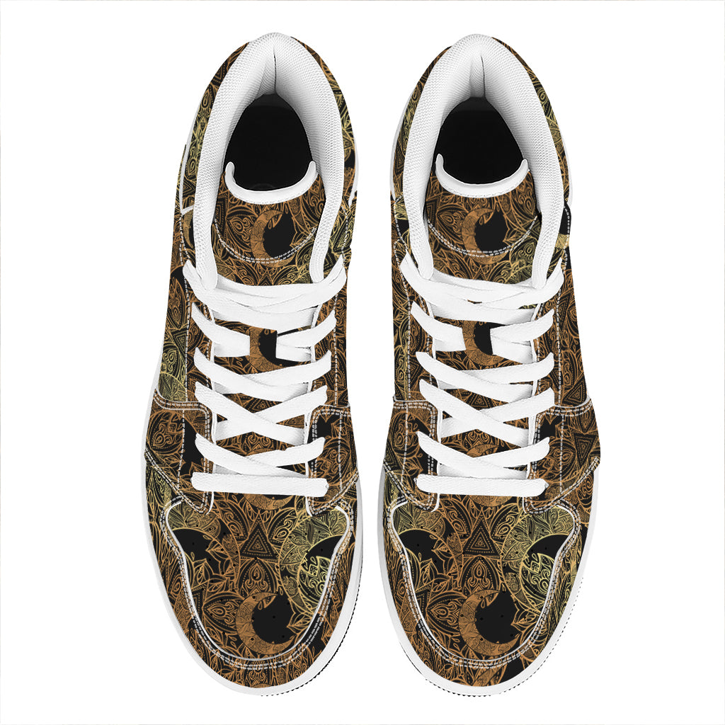 Black And Gold Celestial Pattern Print High Top Leather Sneakers