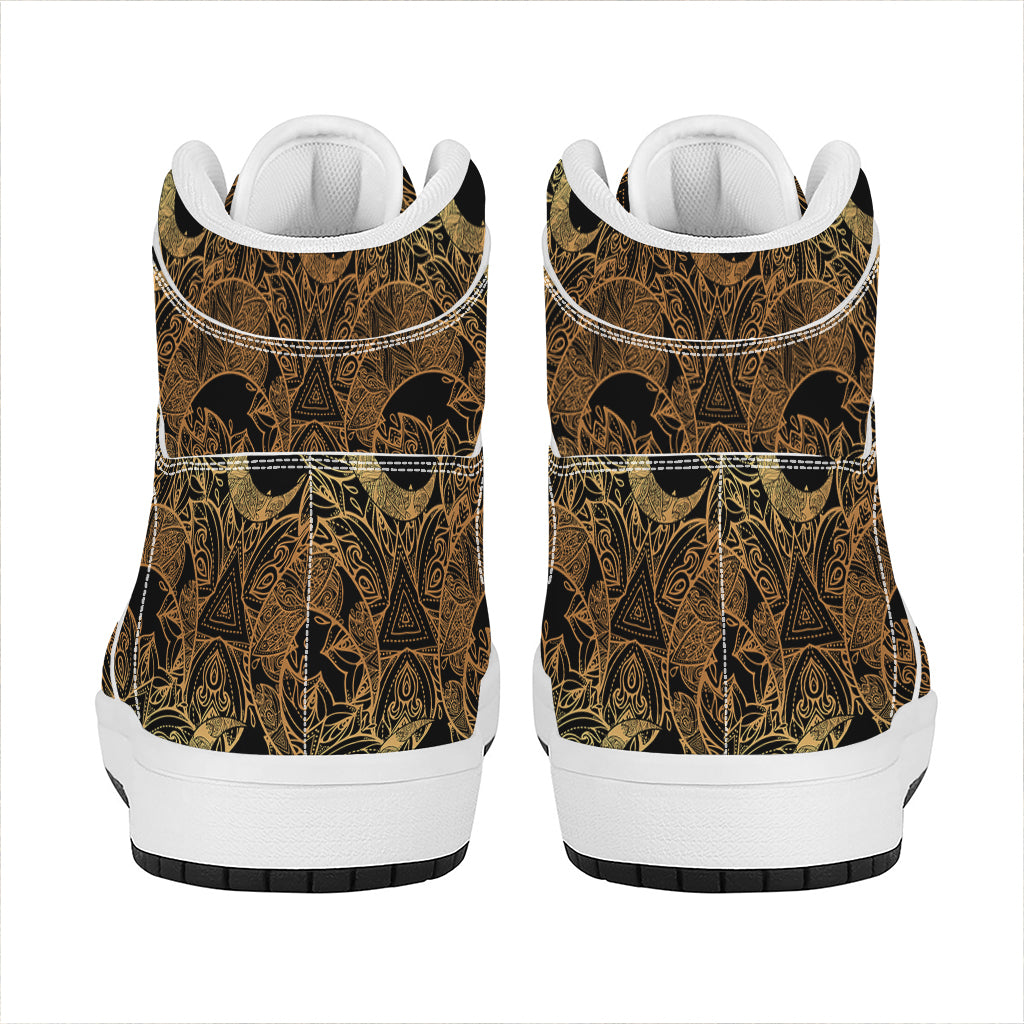 Black And Gold Celestial Pattern Print High Top Leather Sneakers