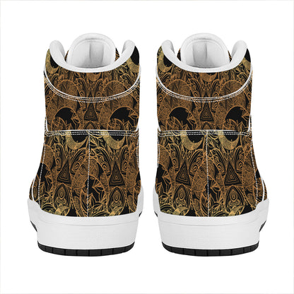 Black And Gold Celestial Pattern Print High Top Leather Sneakers