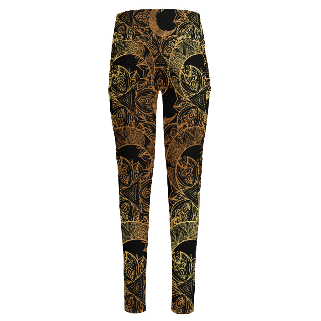 Black And Gold Celestial Pattern Print High-Waisted Pocket Leggings