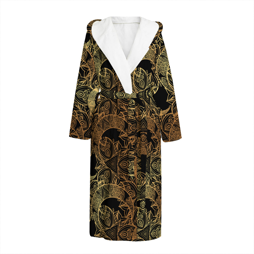 Black And Gold Celestial Pattern Print Hooded Bathrobe