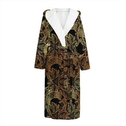 Black And Gold Celestial Pattern Print Hooded Bathrobe