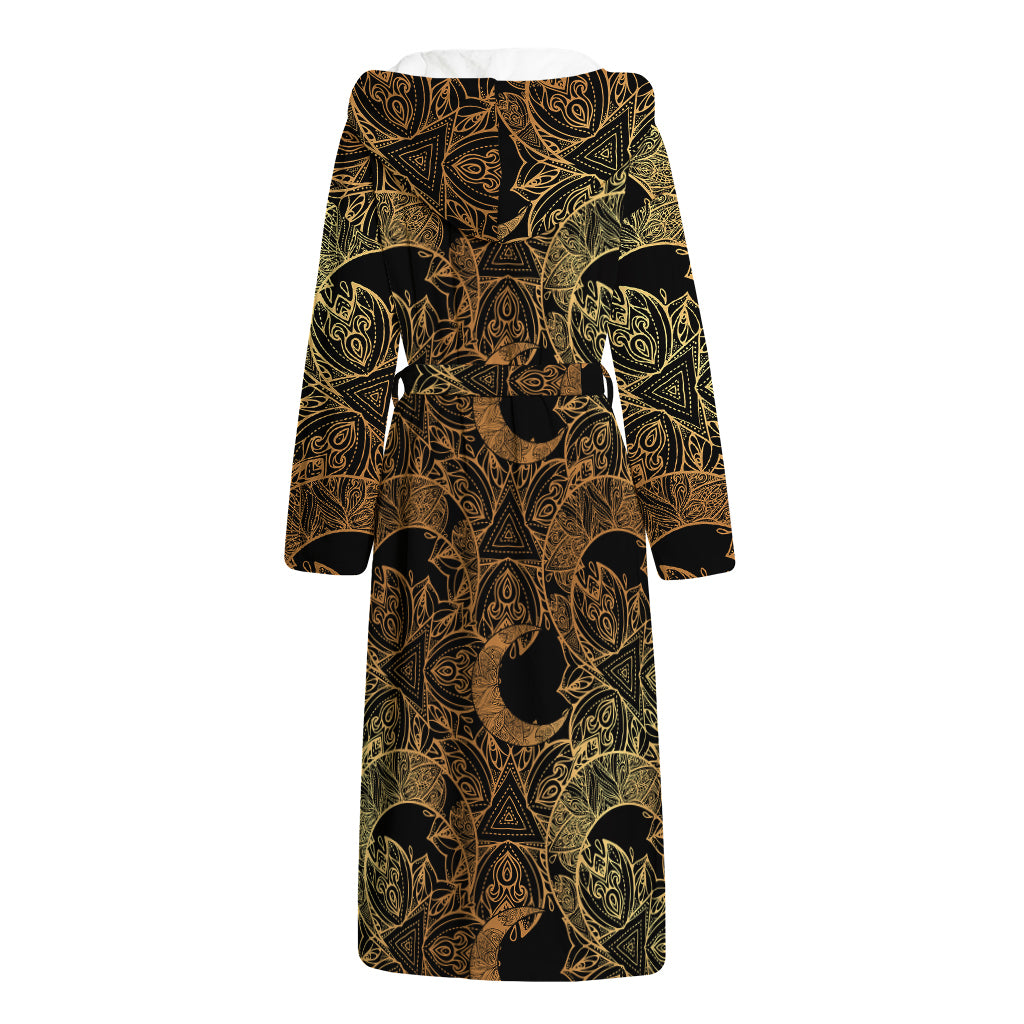 Black And Gold Celestial Pattern Print Hooded Bathrobe