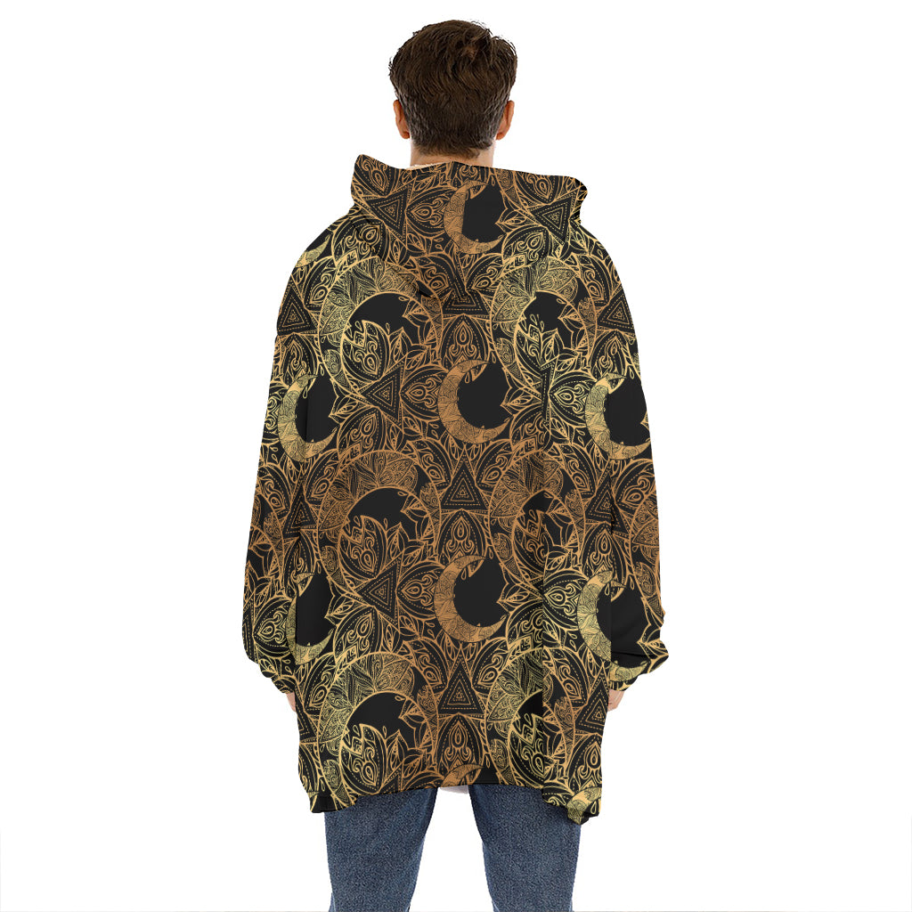 Black And Gold Celestial Pattern Print Hoodie Blanket
