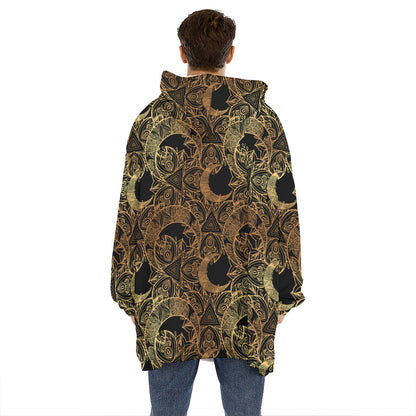 Black And Gold Celestial Pattern Print Hoodie Blanket