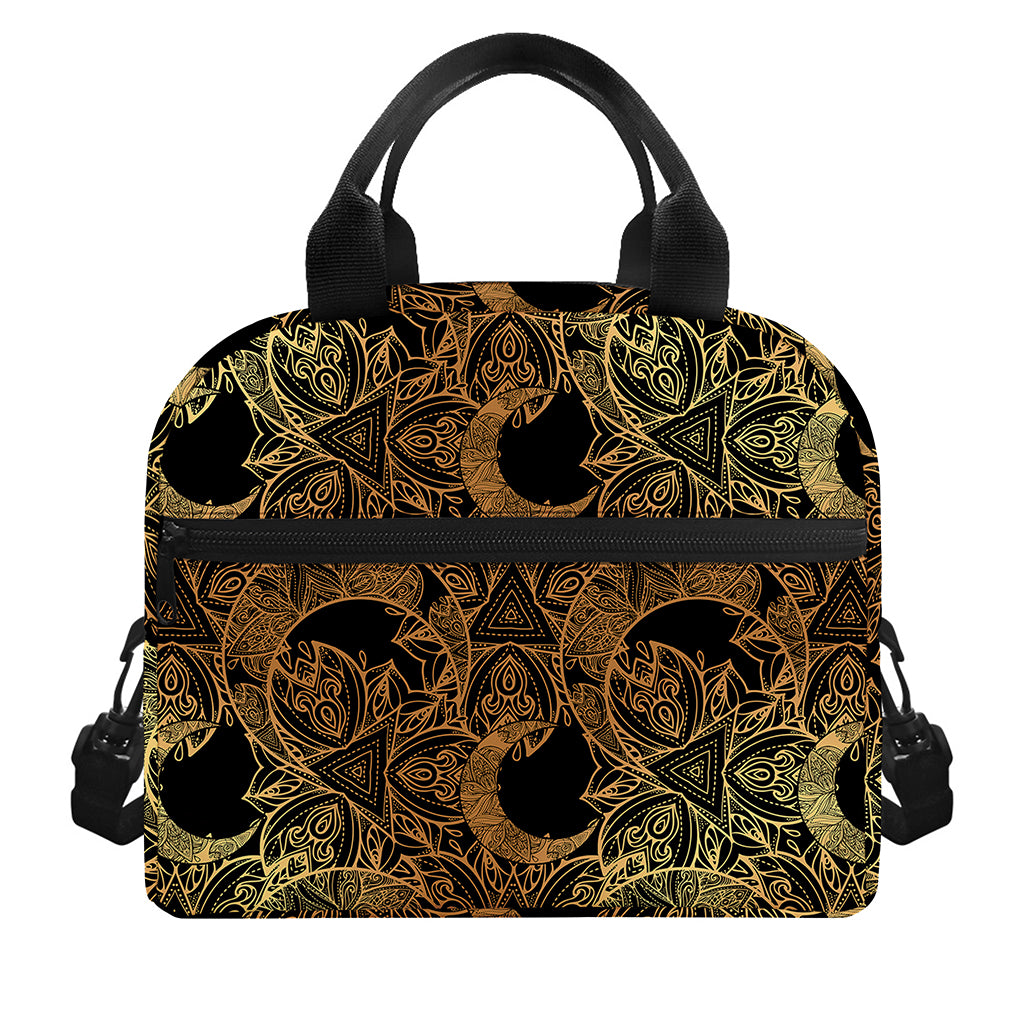 Black And Gold Celestial Pattern Print Insulated Lunch Bag
