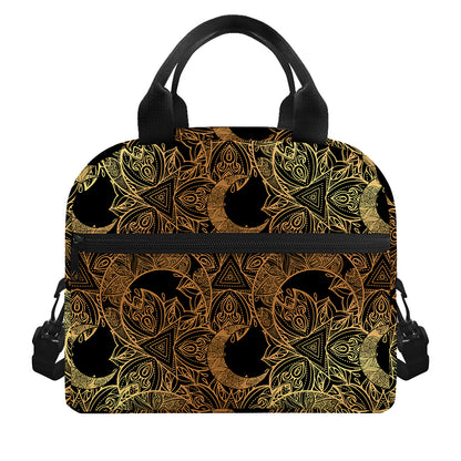 Black And Gold Celestial Pattern Print Insulated Lunch Bag