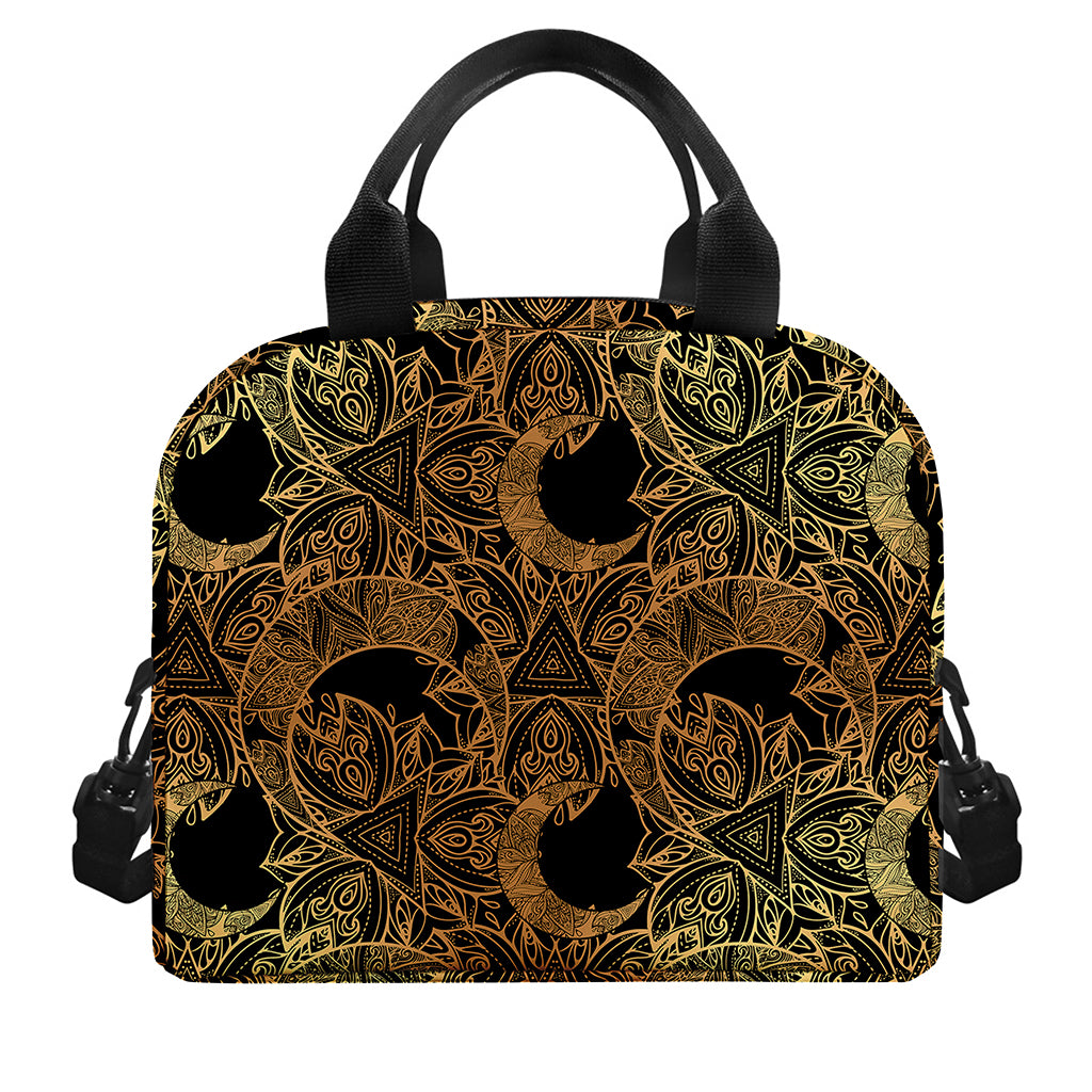 Black And Gold Celestial Pattern Print Insulated Lunch Bag