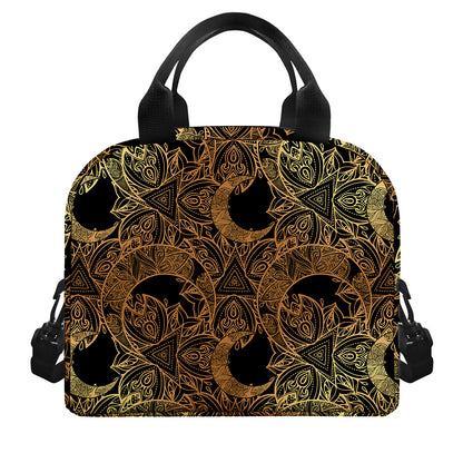Black And Gold Celestial Pattern Print Insulated Lunch Bag
