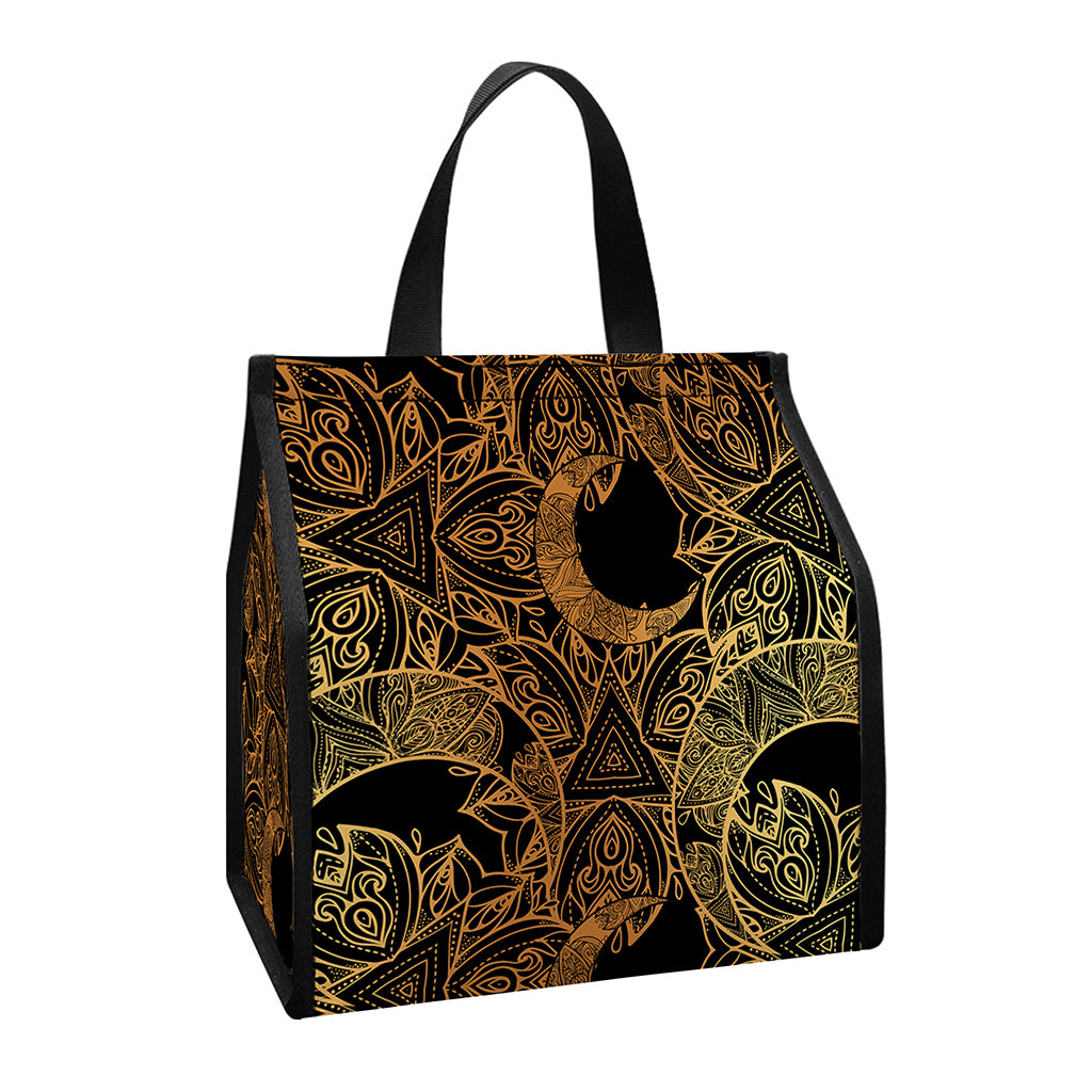 Black And Gold Celestial Pattern Print Insulated Lunch Tote