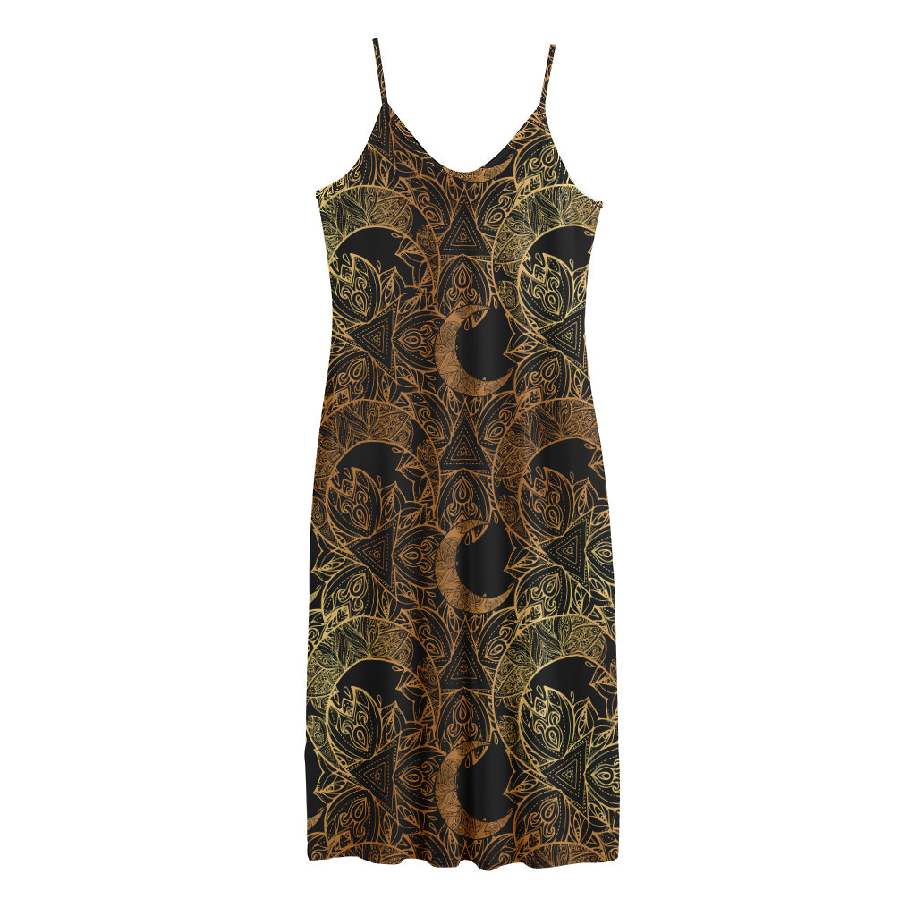 Black And Gold Celestial Pattern Print Jersey Midi Cami Dress