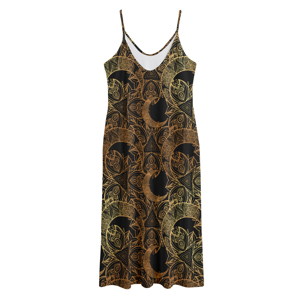 Black And Gold Celestial Pattern Print Jersey Midi Cami Dress
