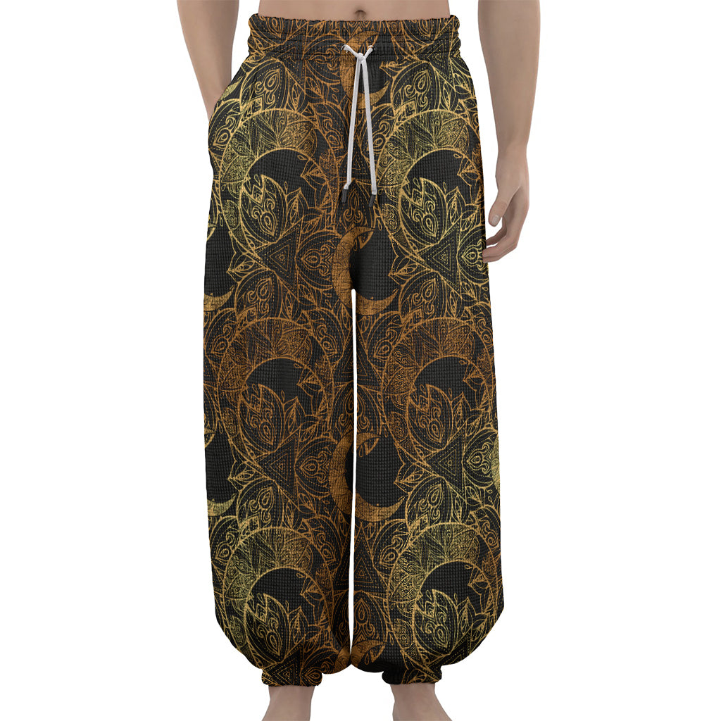 Black And Gold Celestial Pattern Print Lantern Pants