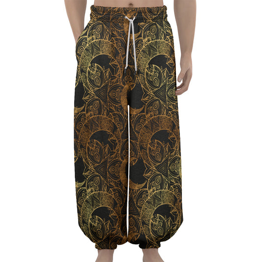 Black And Gold Celestial Pattern Print Lantern Pants