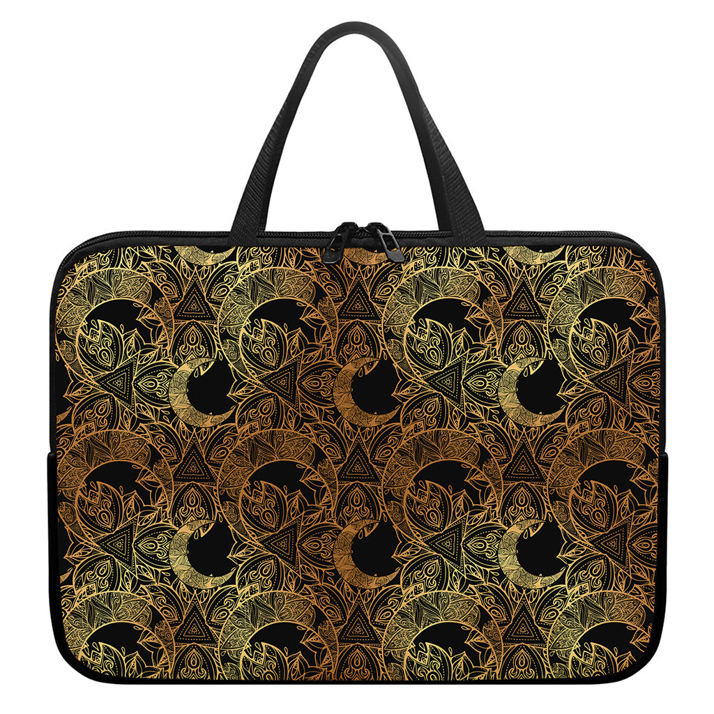 Black And Gold Celestial Pattern Print Laptop Sleeve With Handle