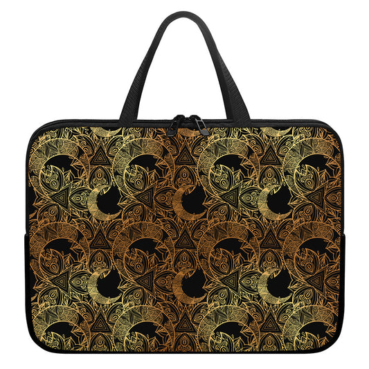 Black And Gold Celestial Pattern Print Laptop Sleeve With Handle