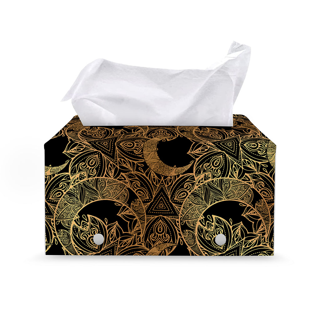 Black And Gold Celestial Pattern Print Leather Tissue Box Cover
