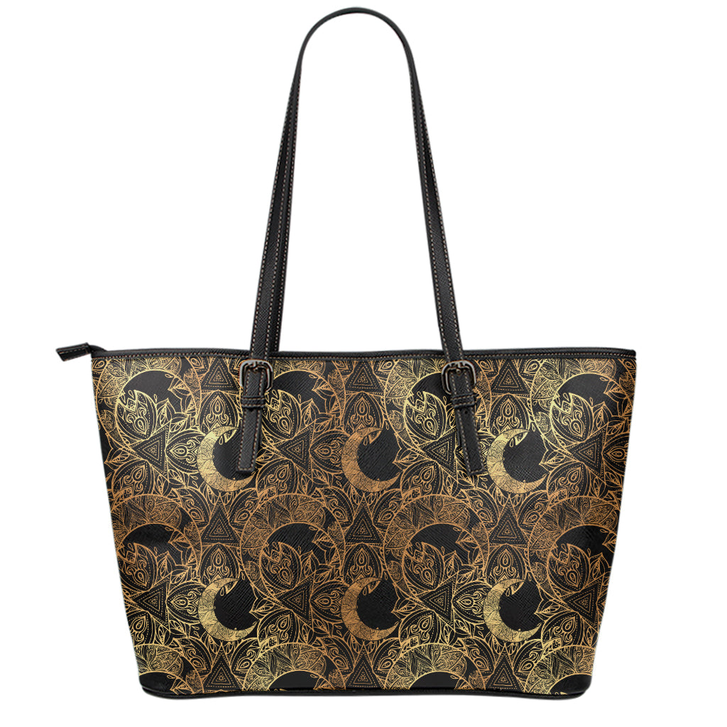 Black And Gold Celestial Pattern Print Leather Tote Bag