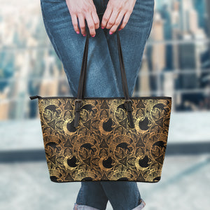 Black And Gold Celestial Pattern Print Leather Tote Bag