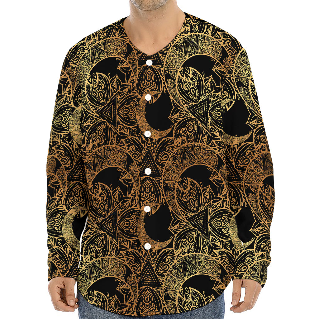 Black And Gold Celestial Pattern Print Long Sleeve Baseball Jersey
