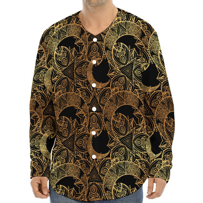 Black And Gold Celestial Pattern Print Long Sleeve Baseball Jersey