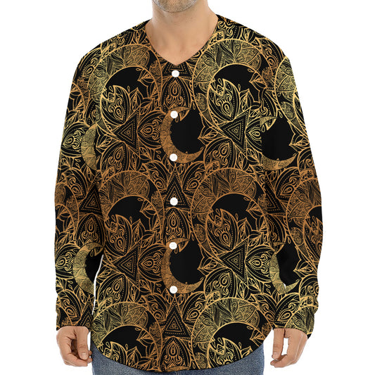 Black And Gold Celestial Pattern Print Long Sleeve Baseball Jersey