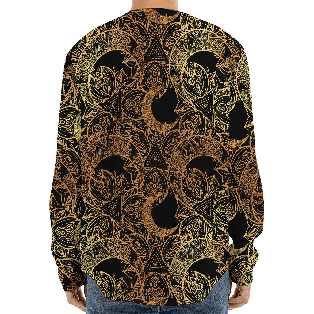 Black And Gold Celestial Pattern Print Long Sleeve Baseball Jersey