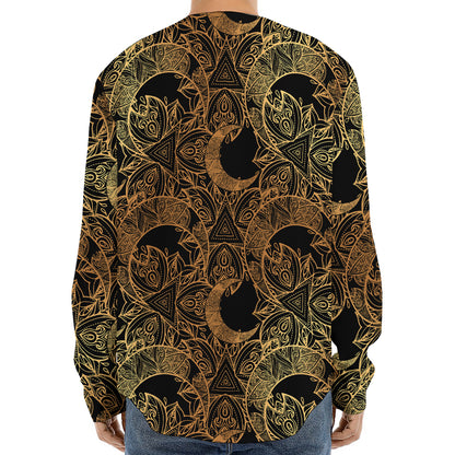 Black And Gold Celestial Pattern Print Long Sleeve Baseball Jersey