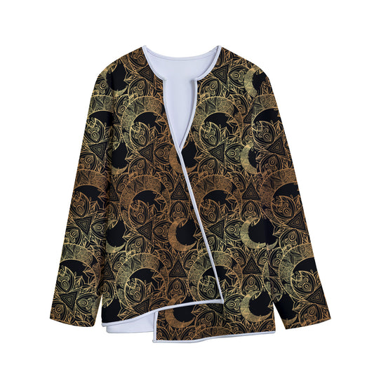 Black And Gold Celestial Pattern Print Long Sleeve Short Coat