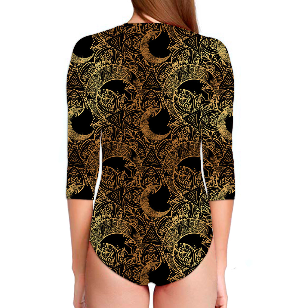 Black And Gold Celestial Pattern Print Long Sleeve Swimsuit