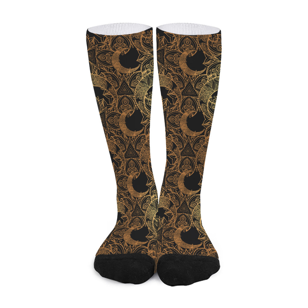 Black And Gold Celestial Pattern Print Long Socks