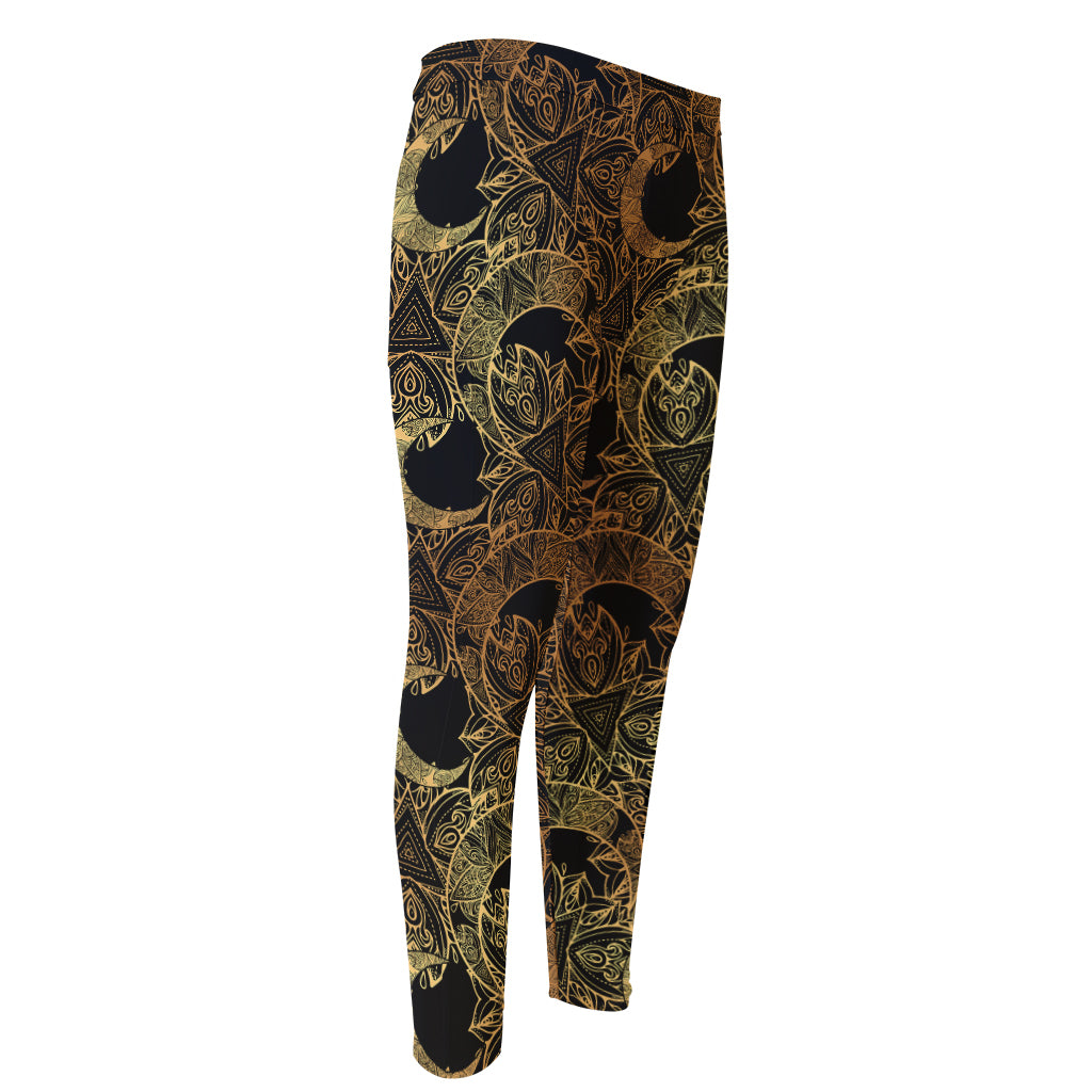 Black And Gold Celestial Pattern Print Men's Compression Pants