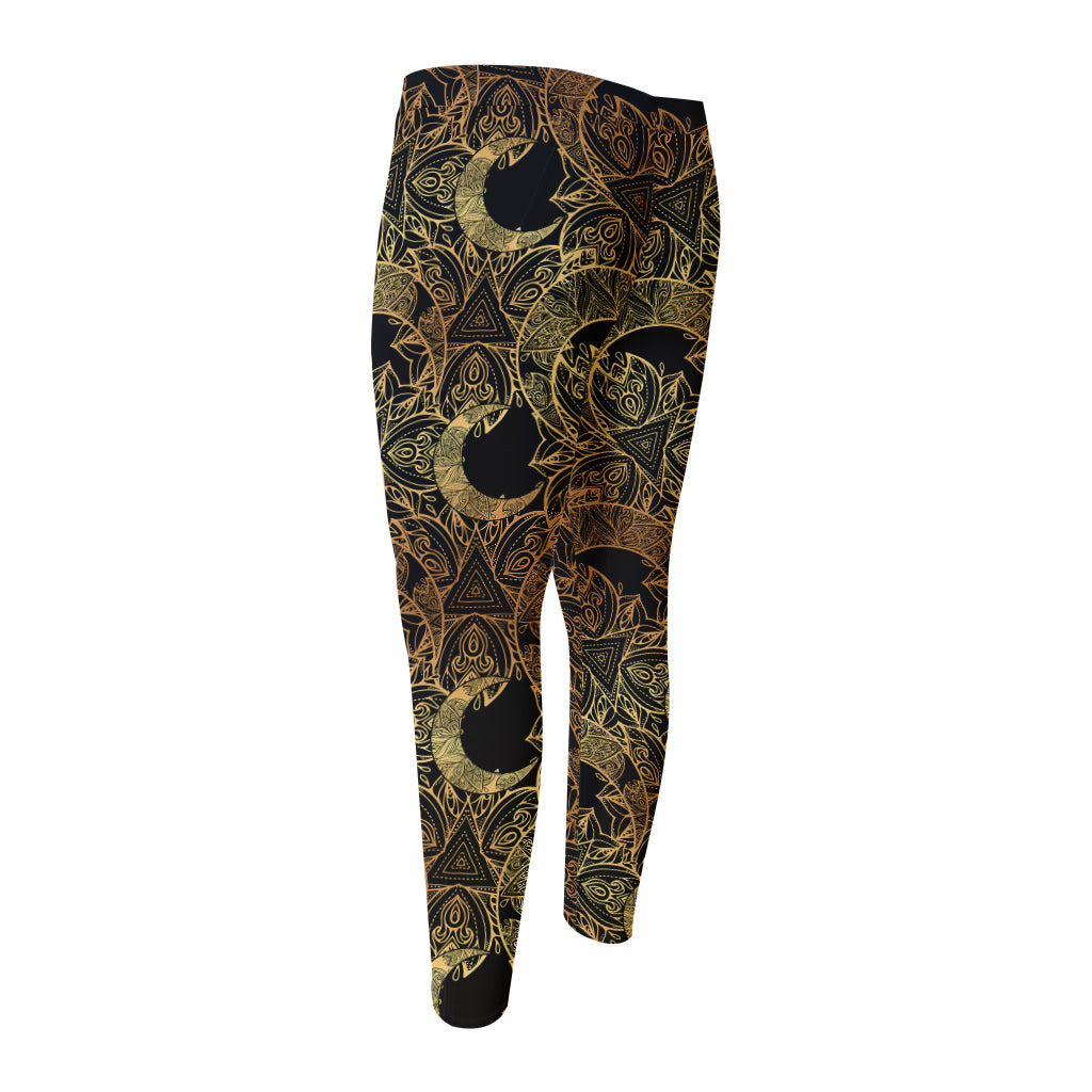 Black And Gold Celestial Pattern Print Men's Compression Pants