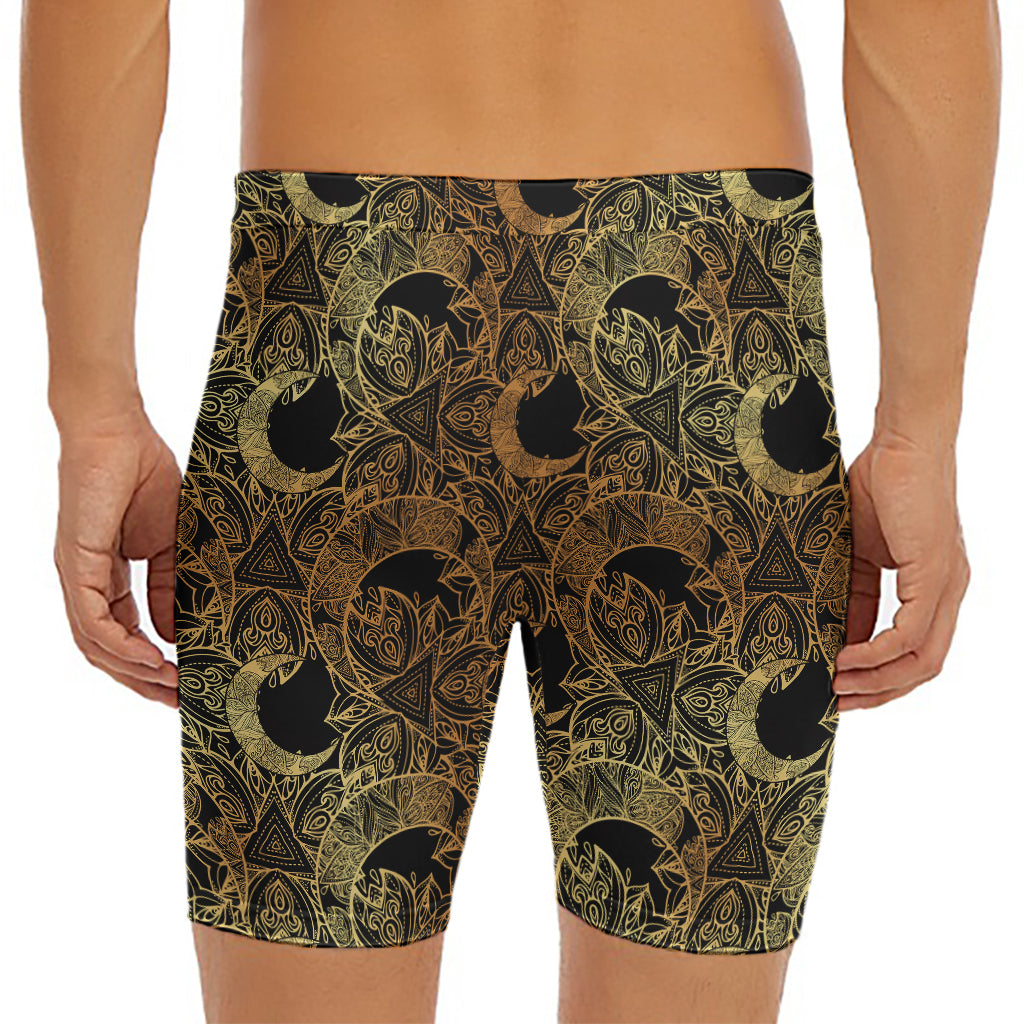 Black And Gold Celestial Pattern Print Men's Long Boxer Briefs