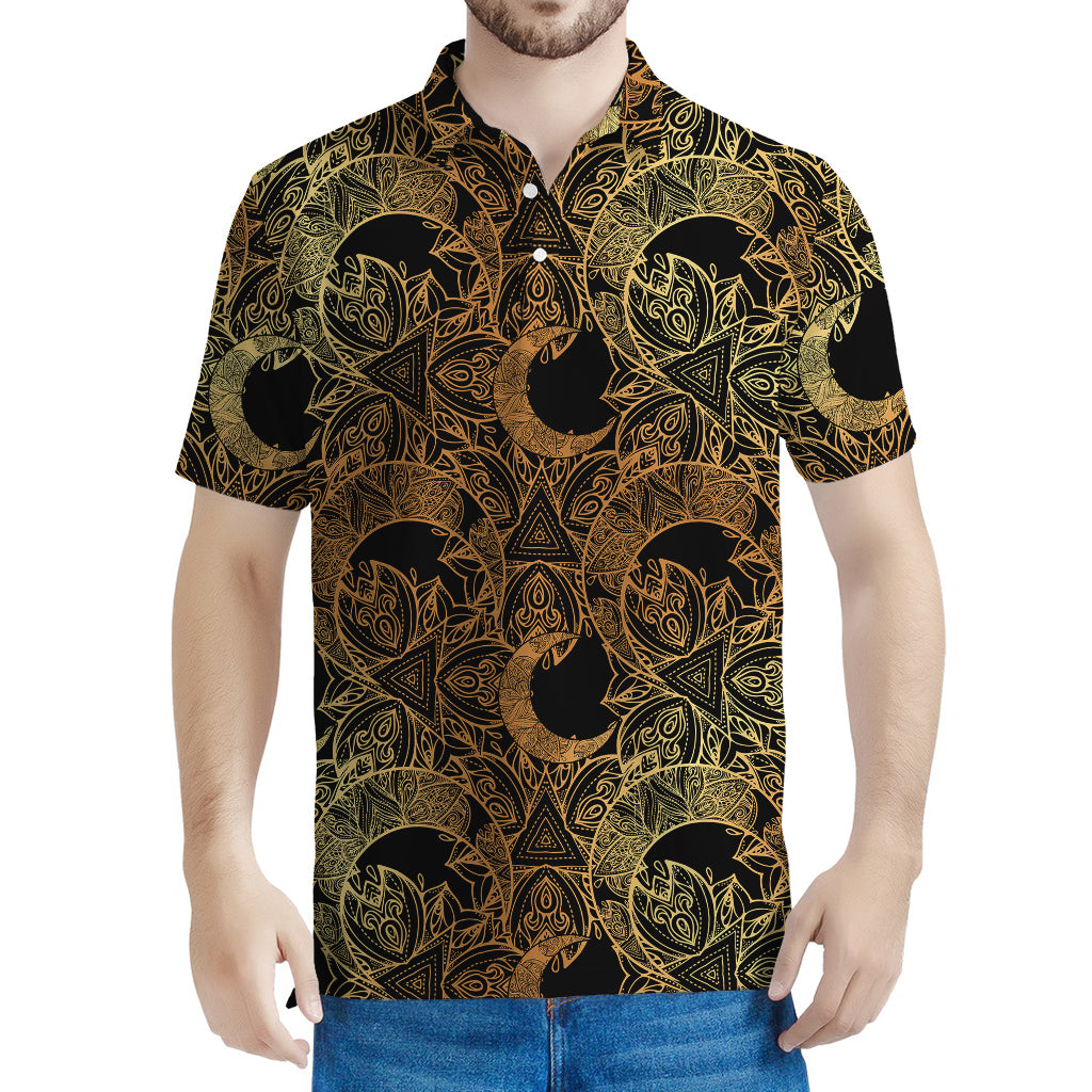Black And Gold Celestial Pattern Print Men's Polo Shirt