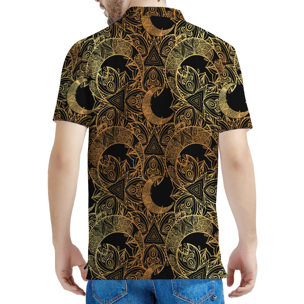 Black And Gold Celestial Pattern Print Men's Polo Shirt