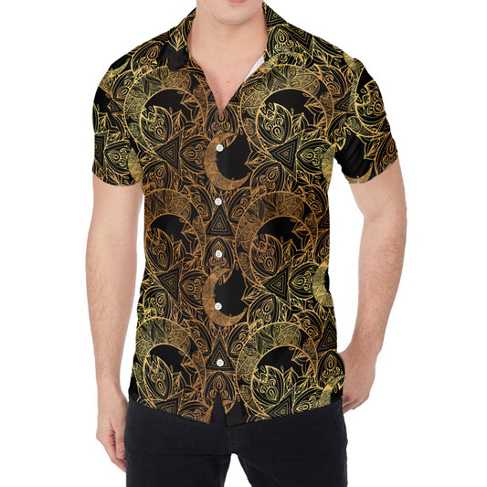 Black And Gold Celestial Pattern Print Men's Shirt