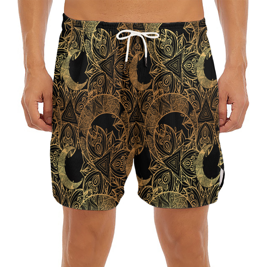 Black And Gold Celestial Pattern Print Men's Split Running Shorts