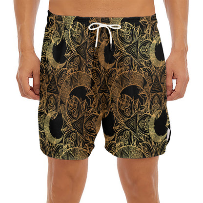 Black And Gold Celestial Pattern Print Men's Split Running Shorts